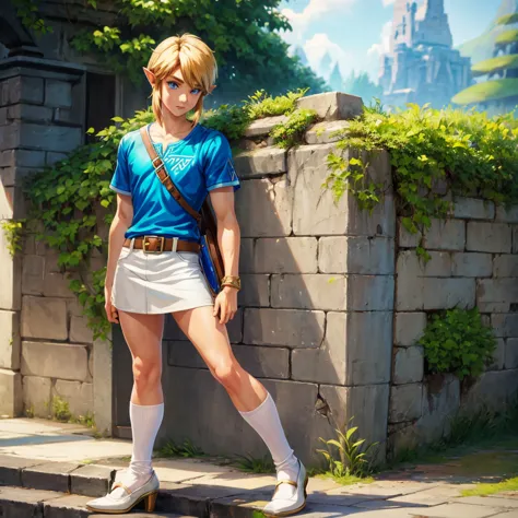 1 young boy, link to the legend of zelda, wearing a white secretary style shirt, short denim skirt, thin sock, and high heels
