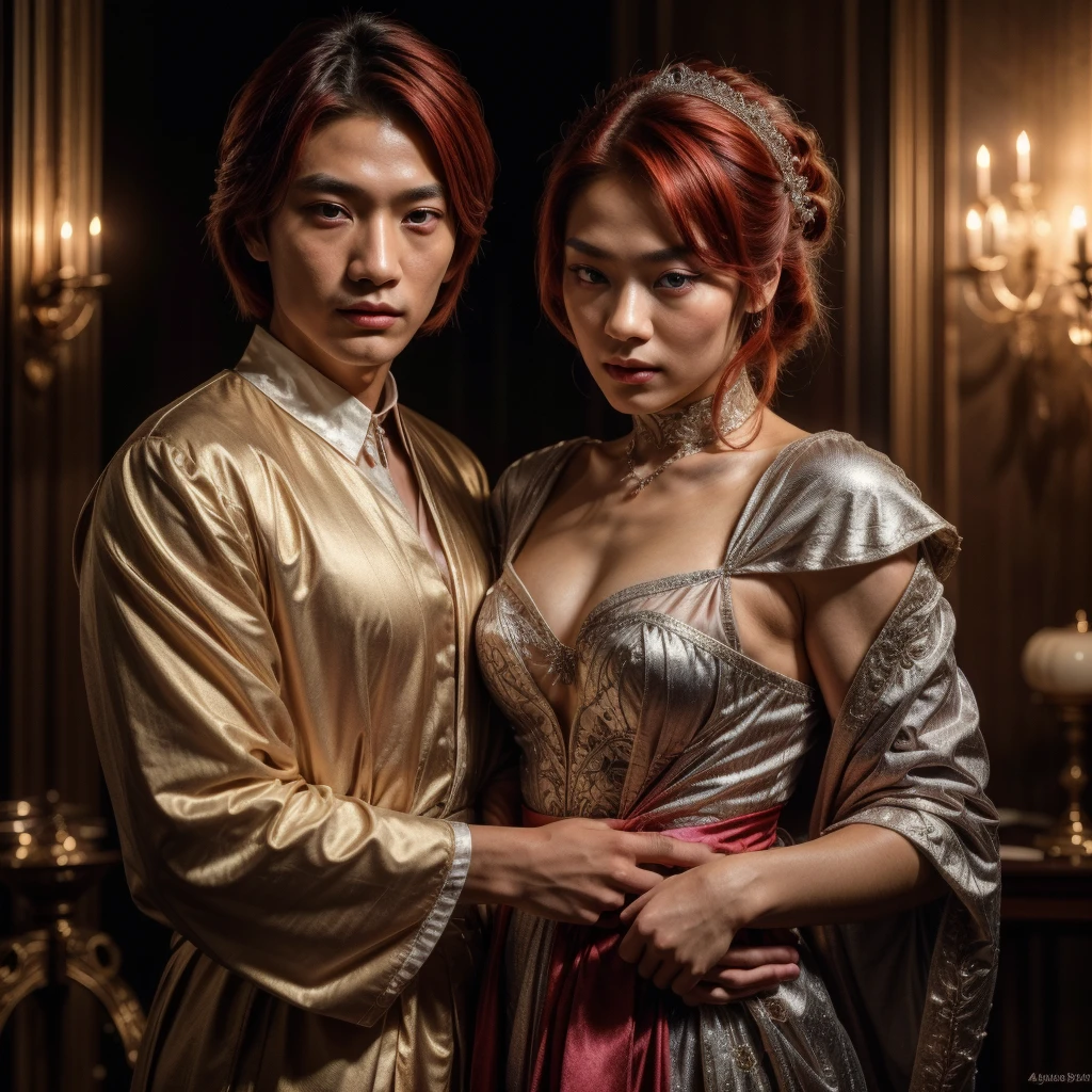 1 Asian gay couple, 1 short Asian man with shoulder-length red hair and pink eyes wearing sensual clothes, 1 tall Asian albino young man with long silver hair down to his waist wearing expensive black Victorian-style clothes, intimate embrace, loving expression, photorealistic, 4k, ultra-detailed, hyper-realistic, cinematic lighting, vibrant colors, intricate details, masterpiece, (best quality,4k,8k,highres,masterpiece:1.2),ultra-detailed,(realistic,photorealistic,photo-realistic:1.37),extremely detailed eyes and face,longeyelashes,beautiful detailed eyes,beautiful detailed lips,elegant,romantic,atmospheric,dramatic