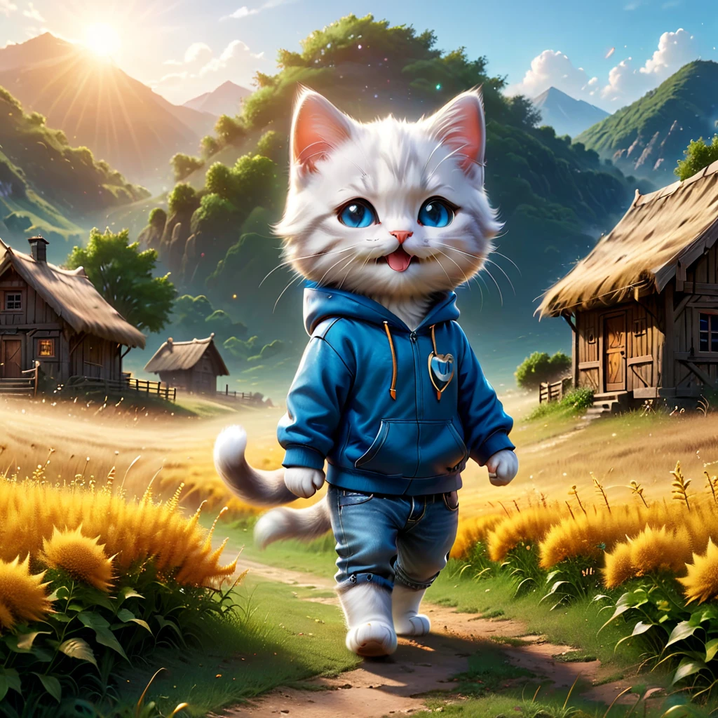 best quality, detailed, hyper detailed, beautiful, 8K, absurdres, village, a kitty, happy, smiling, standing, looking to the right, white hair, blue eyes, chibi, plump, hoodie, jeans, 5-year-old, in the grassland, in the afternoon, fantasy, photorealistic, ultra realistic photo, 3D render, anthropomorphism, full body shot, on right, wide view, rule of thirds, midday, shining lights, dramatic lighting, volumetric lighting, depth of field, dramatic contrast, DarkGoldenrod