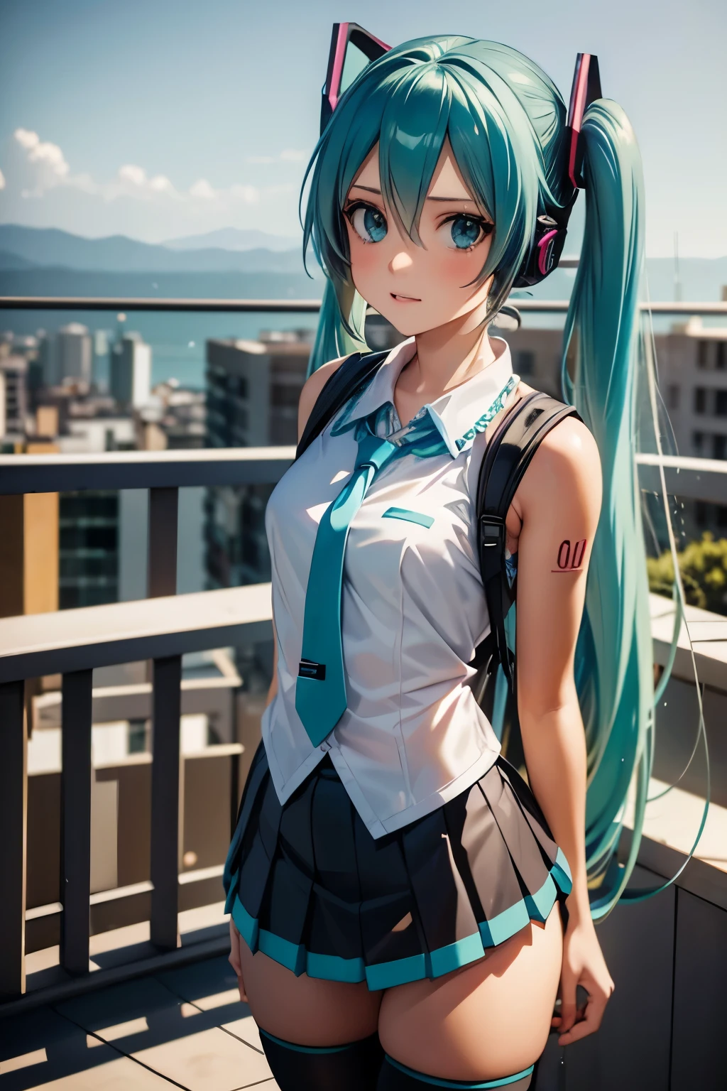 anime girl with long blue hair and a backpack standing in front of a balcony, mikudayo, anime moe artstyle, portrait of hatsune miku, anime girl with teal hair, hatsune miku short hair, anime style 4 k, hatsune miku portrait, hatsune miku, anime art wallpaper 8 k, anime wallpaper 4k, anime wallpaper 4 k, hatsune miku, 1girl, cute anime girl, turquoise blue hair, twin tails, detailed facial features, beautiful detailed eyes, beautiful detailed lips, extremely detailed face, longeyelashes, , pleated skirt, thigh-high socks, headphones, holding microphone, glowing neon sci-fi background, digital art, 8k, high resolution, photorealistic, cinematic lighting, vibrant colors, intricate details