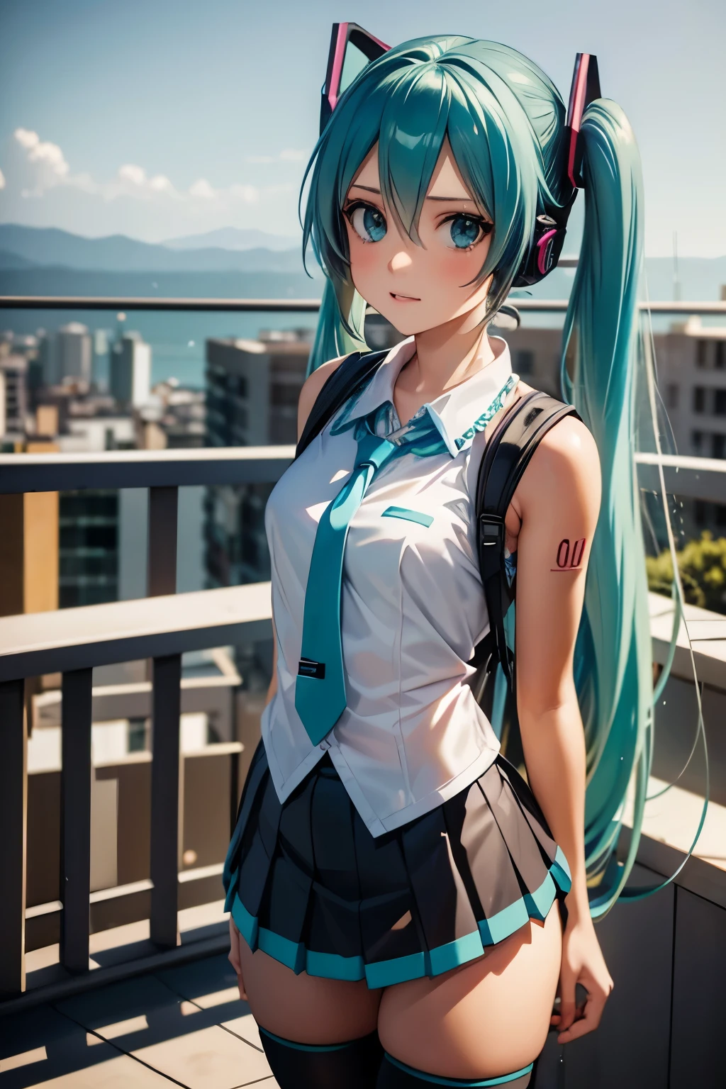 Anime-Mädchen mit langen blauen Haaren und einem Rucksack steht vor einem Balkon, mikudayo, Anime-Moe-Kunststil, Porträt von Hatsune Miku, Anime-Mädchen mit blaugrünem Haar, Hatsune Miku kurze Haare, Anime-Stil 4k, hatsune miku portrait, hatsune miku, Anime-Kunst-Tapete 8 k, Anime-Hintergrundbild 4k, Anime-Tapete 4k, hatsune miku, 1 Mädchen, süßes Anime-Mädchen, türkisblaue Haare, Zwillingsschwänze, detaillierte Gesichtszüge, Schöne, detaillierte Augen, schöne detaillierte Lippen, extrem detailliertes Gesicht, lange Wimpern, , Faltenrock, Oberschenkelhohe Socken, Kopfhörer, Mikrofon halten, leuchtender Neon-Science-Fiction-Hintergrund, digital art, 8k, hohe Auflösung, fotorealistisch, Filmische Beleuchtung, leuchtende Farben, komplizierte Details