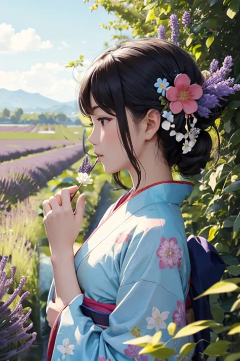 blue sky,Lavender Fields,Pink kimono,Flower Hair Ornaments