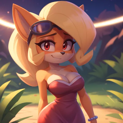 Coco Bandicoot, strapless tight dress, cleavage, blonde hair, curly hair, halo, sunglasses, jewelry, red eyes, longeyelashes, re...