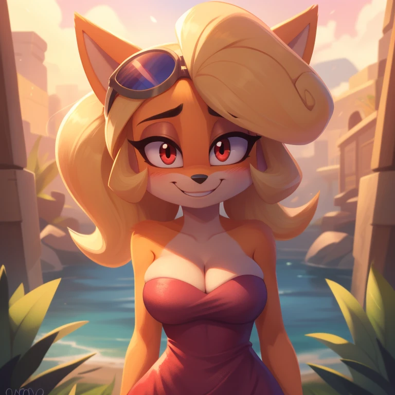 Coco Bandicoot, strapless tight dress, cleavage, blonde hair, curly hair, halo, sunglasses, jewelry, red eyes, longeyelashes, red eyes, smile, shy, blush, high detail, masterpiece, UHD, anatomically correct, super detail, highres, 4K