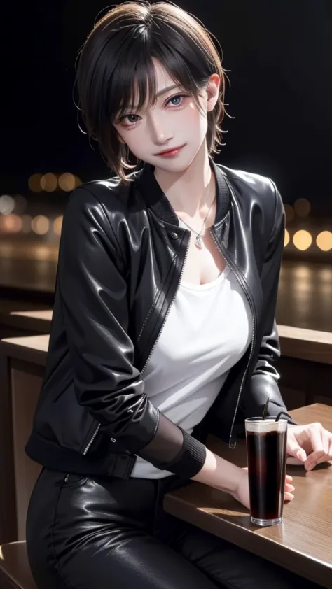 portrait photo of elexissinclaire wearing esjacket at a nightclub sitting at bar, wicked smile, (masterpiece) (best quality) (de...