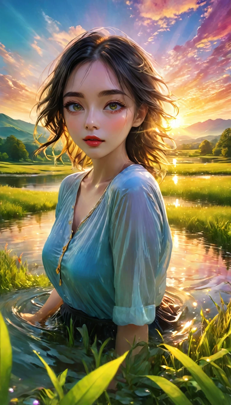 sunrise 景觀, 美麗細緻的眼睛, 美麗細緻的嘴唇, 極度細緻的眼睛和臉部, 長長的睫毛, 1個女孩, 平靜的表情, 多彩的日出天空, 戲劇性的燈光, 發光雲, 金色的陽光, 鬱鬱蔥蔥的綠色草地, 起伏的丘陵, 寧靜的池塘, 水中的倒影, (最好的品質,4k,8K,高解析度,傑作:1.2),超詳細,(實際的,photo實際的,photo-實際的:1.37),景觀,鮮豔的色彩,自然採光