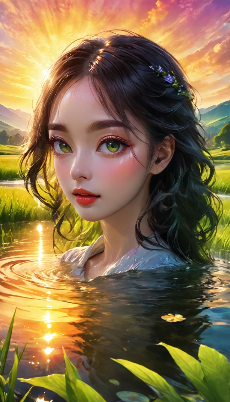 sunrise landscape, beautiful detailed eyes, beautiful detailed lips, extremely detailed eyes and face, long eyelashes, 1girl, serene expression, colorful sunrise sky, dramatic lighting, glowing clouds, golden sunlight, lush green meadow, rolling hills, tranquil pond, reflections in water, (best quality,4k,8k,highres,masterpiece:1.2),ultra-detailed,(realistic,photorealistic,photo-realistic:1.37),landscape,vibrant colors,natural lighting