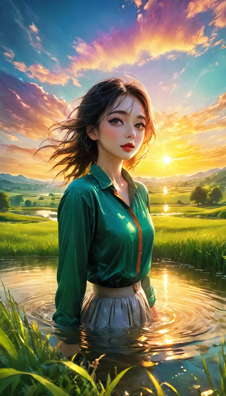 sunrise landscape, beautiful detailed eyes, beautiful detailed lips, extremely detailed eyes and face, long eyelashes, 1girl, serene expression, colorful sunrise sky, dramatic lighting, glowing clouds, golden sunlight, lush green meadow, rolling hills, tranquil pond, reflections in water, (best quality,4k,8k,highres,masterpiece:1.2),ultra-detailed,(realistic,photorealistic,photo-realistic:1.37),landscape,vibrant colors,natural lighting