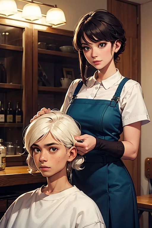 The photo shows a woman and an elementary school boy.、barber、A young and very beautiful woman(Wearing a white barber&#39;s uniform:1.4)、skirt、Cutting a boy&#39;s hair、少年はbarberのイスに座る、A kind smile、Fine facial features、Beautiful Eyes、Long eyelashes、Highly detailed and realistic cinematic lighting、Glowing Skin、Delicate hands、Warm tones、Soft focus background、