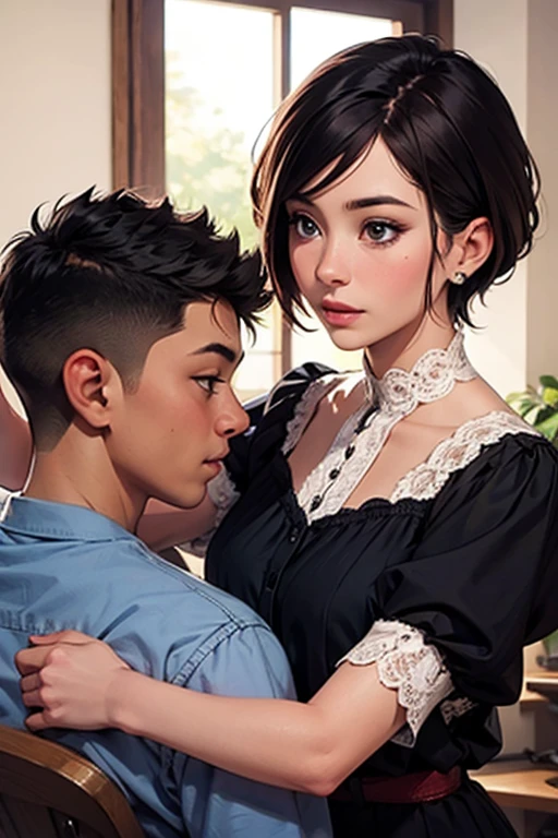 The photo shows a woman and an elementary school boy.、barber、A young and very beautiful woman(Wearing a white barber&#39;s uniform:1.4)、skirt、Cutting a boy&#39;s hair、少年はbarberのイスに座る、A kind smile、Fine facial features、Beautiful Eyes、Long eyelashes、Highly detailed and realistic cinematic lighting、Glowing Skin、Delicate hands、Warm tones、Soft focus background、