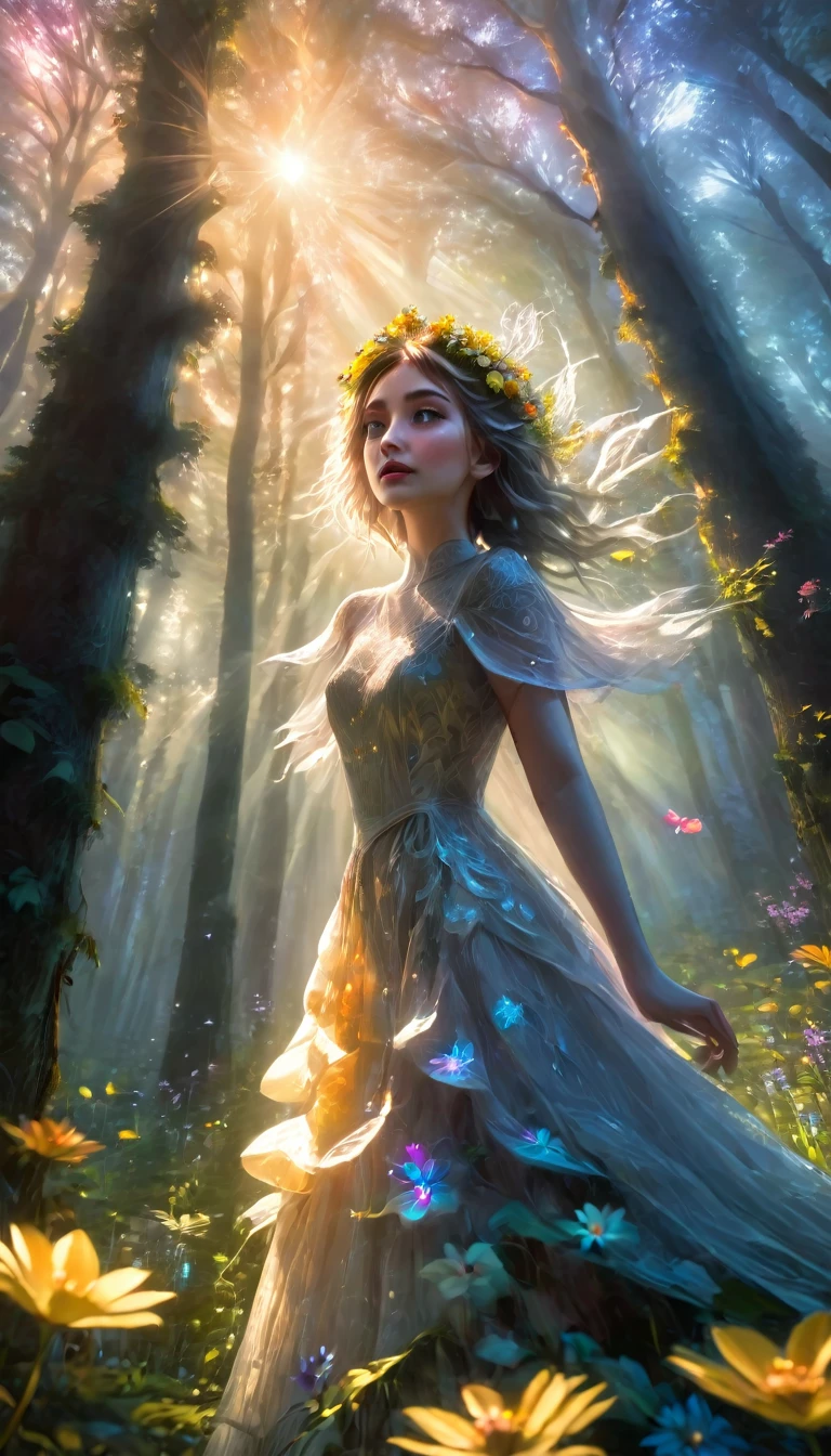 a beautiful forest at dawn, idyllic, magical, majestic, epic lighting, 8K, 1girl, detailed face, detailed eyes, detailed lips, long eyelashes, beautiful dress, serene expression, lush foliage, colorful flowers, sunbeams, photorealistic, cinematic, warm colors, dramatic lighting, intricate details