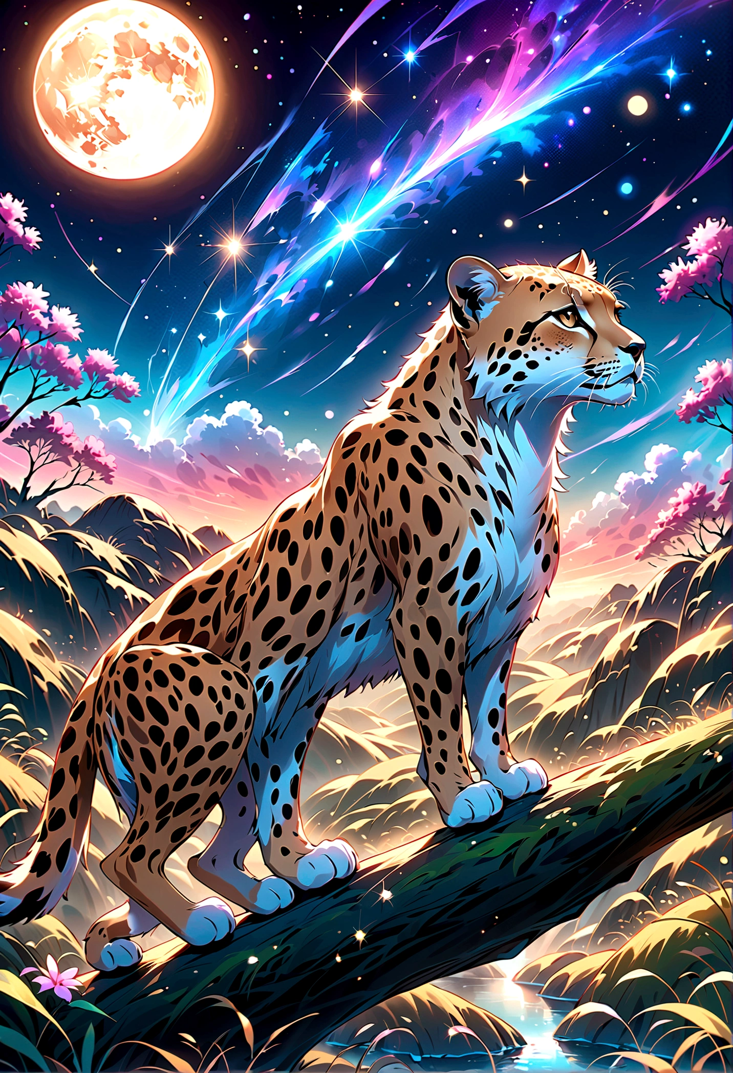 ((Draw a night savannah landscape)),A cheetah looking up at the sky,This is a scene that rose from the depths of sadness and despair.,The theme is "A night of sad and beautiful memories",Match the overall atmosphere of the painting to the theme,A beautiful starry sky spreads out,stardust,Savannah nature,Sparkling,The moonlight gently illuminates the cheetah,anatomically correct,perfect anatomy,Intricate details,Wide range of colors,artwork,rendering,(masterpiece:1.3),(highest quality:1.4),(Super detailed:1.5),High resolution,Very detailed,unity 8k wallpaper,Decadent,Wind,zentangle,absurd