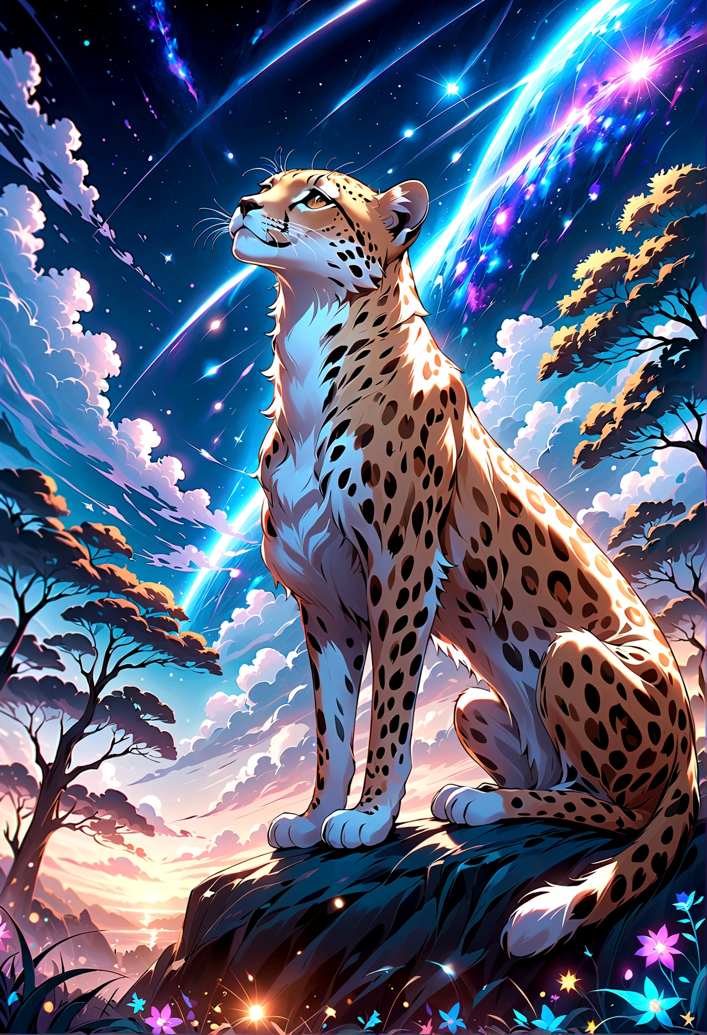 ((Draw a night savannah landscape)),A cheetah looking up at the sky,This is a scene that rose from the depths of sadness and despair.,The theme is "A night of sad and beautiful memories",Match the overall atmosphere of the painting to the theme,A beautiful starry sky spreads out,stardust,Savannah nature,Sparkling,The moonlight gently illuminates the cheetah,anatomically correct,perfect anatomy,Intricate details,Wide range of colors,artwork,rendering,(masterpiece:1.3),(highest quality:1.4),(Super detailed:1.5),High resolution,Very detailed,unity 8k wallpaper,Decadent,Wind,zentangle,absurd