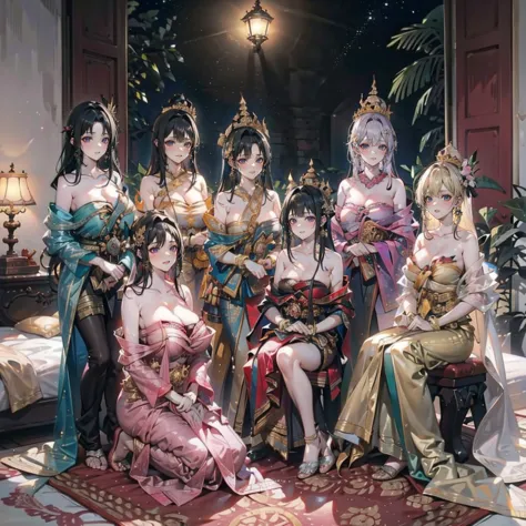 Group of Five Princesses,(Five young women,Many young women), (In the bedroom), Various Hair Styles, Harem, Wearing a strapless ...