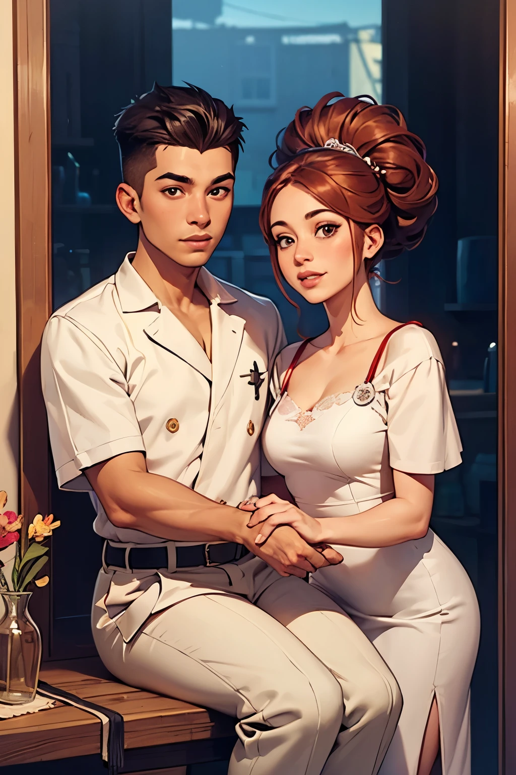 A woman and a boy are pictured、A young and very beautiful woman、Wearing a white barber&#39;s uniform、Cutting a boy&#39;s hair。A kind smile、Fine facial features、Beautiful Eyes、Long eyelashes、Highly detailed and realistic cinematic lighting、Glowing Skin、Delicate hands、Warm tones、Soft focus background、