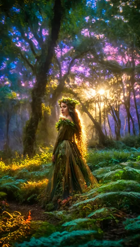 a beautiful forest at dawn, idyllic, magical, majestic, epic lighting, 8K, 1girl, detailed face, detailed eyes, detailed lips, l...