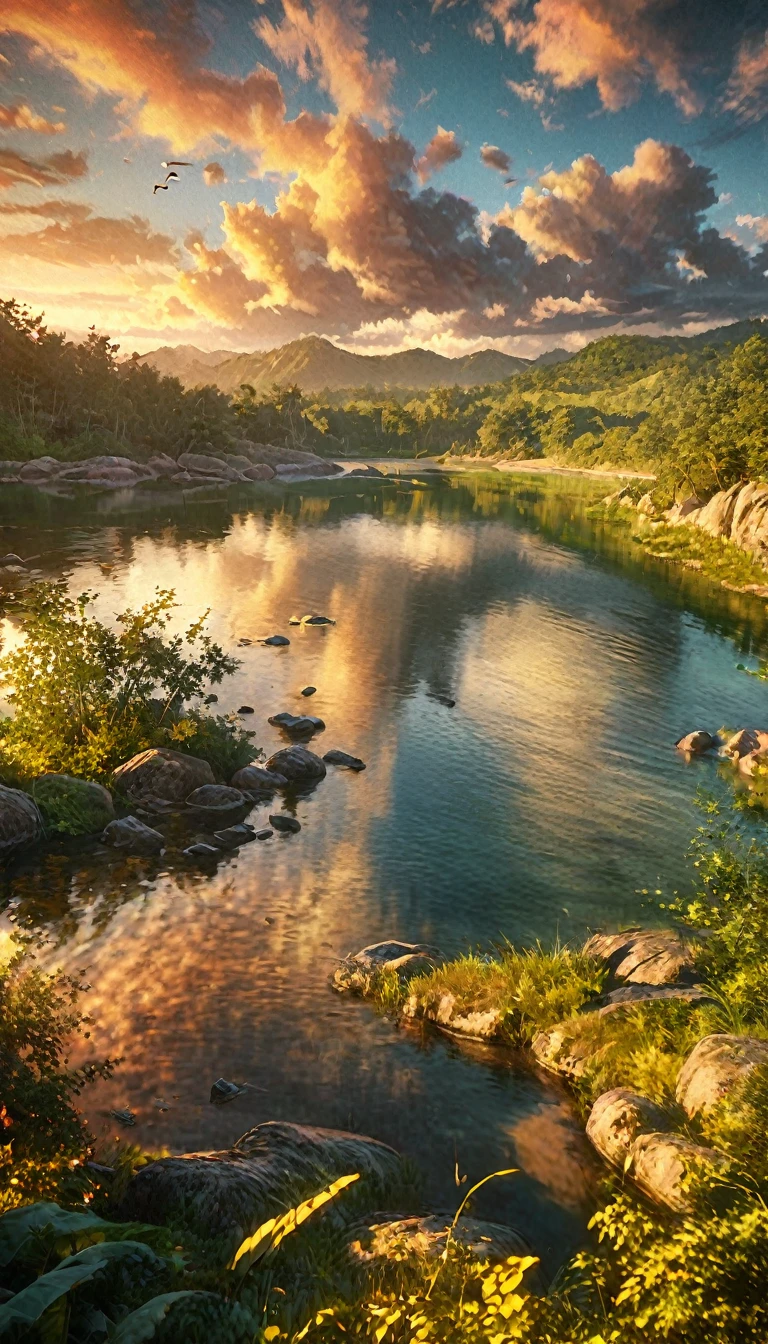 a stunning sunrise over a serene lake, golden sunlight reflecting on the still water, lush green hills in the background, dramatic clouds in the sky, birds flying in the distance, detailed foreground rocks and vegetation, breathtaking natural beauty, warm color palette, beautiful lighting effects, photorealistic, 8k, highly detailed, masterpiece