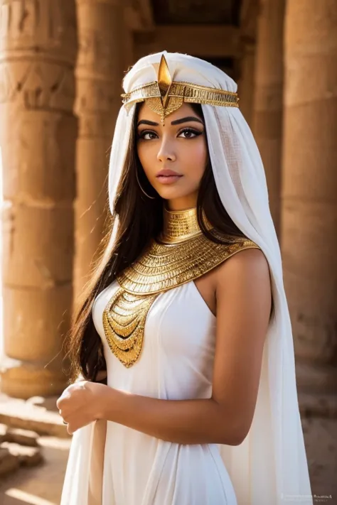 arafed woman in a white dress and a golden headdress., hermosa cleopatra, egyptian princess, retrato de cleopatra, cleopatra, eg...