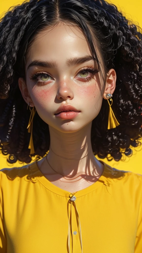 dark brown skin girl,16 years old, huge gorgeous afro hair and big eyes, wearing a yellow dress and a yellow, soft expression. semi realistic. flat figure