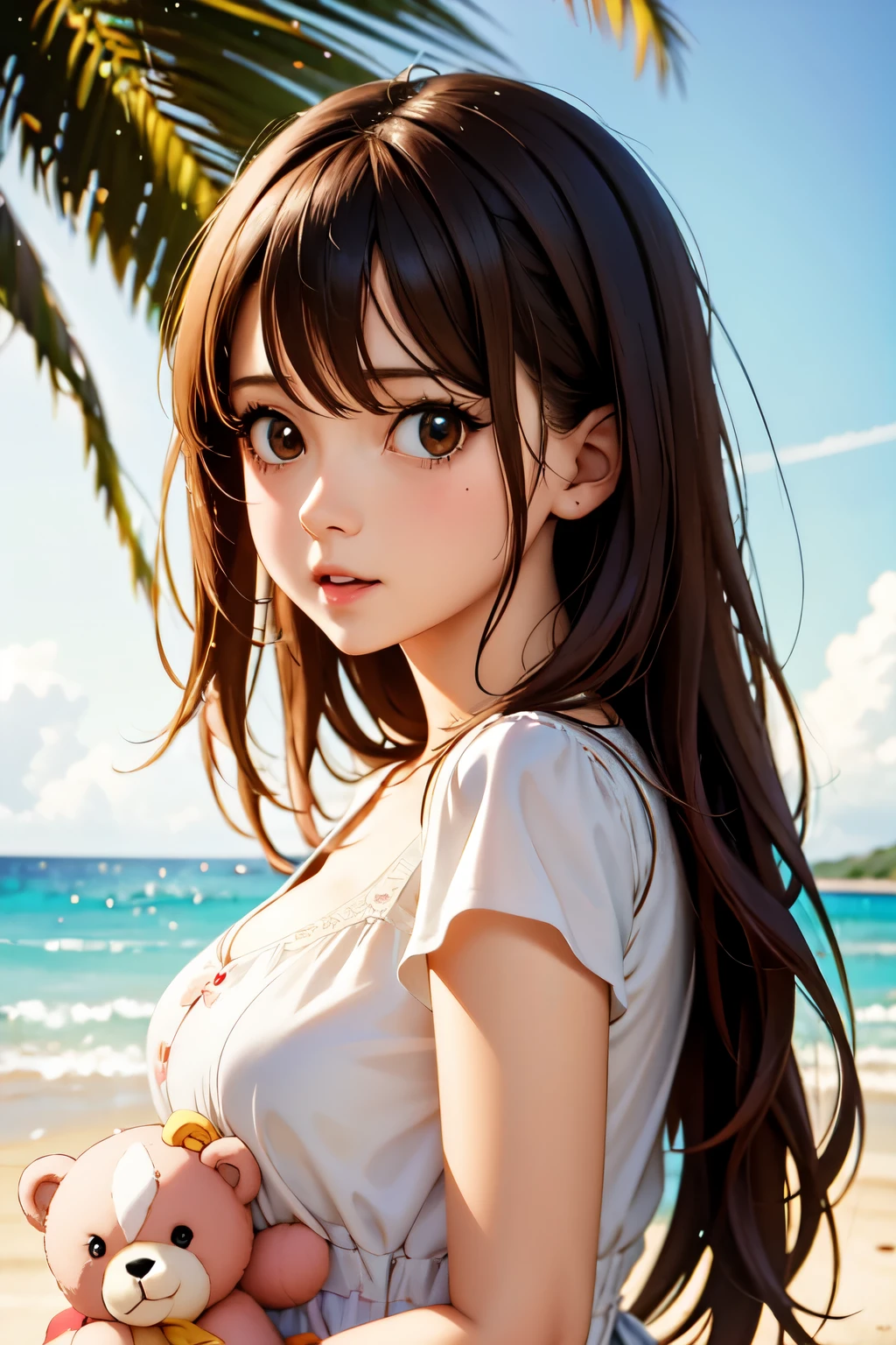 there is a woman holding a teddy bear on the beach, kawaii realistic portrait, cute anime girl, anime visual of a cute girl, smooth anime cg art, artwork in the style of guweiz, portrait of cute anime girl, cute portrait, beautiful anime portrait, beautiful anime girl, cute anime girl portrait, realistic anime 3 d style