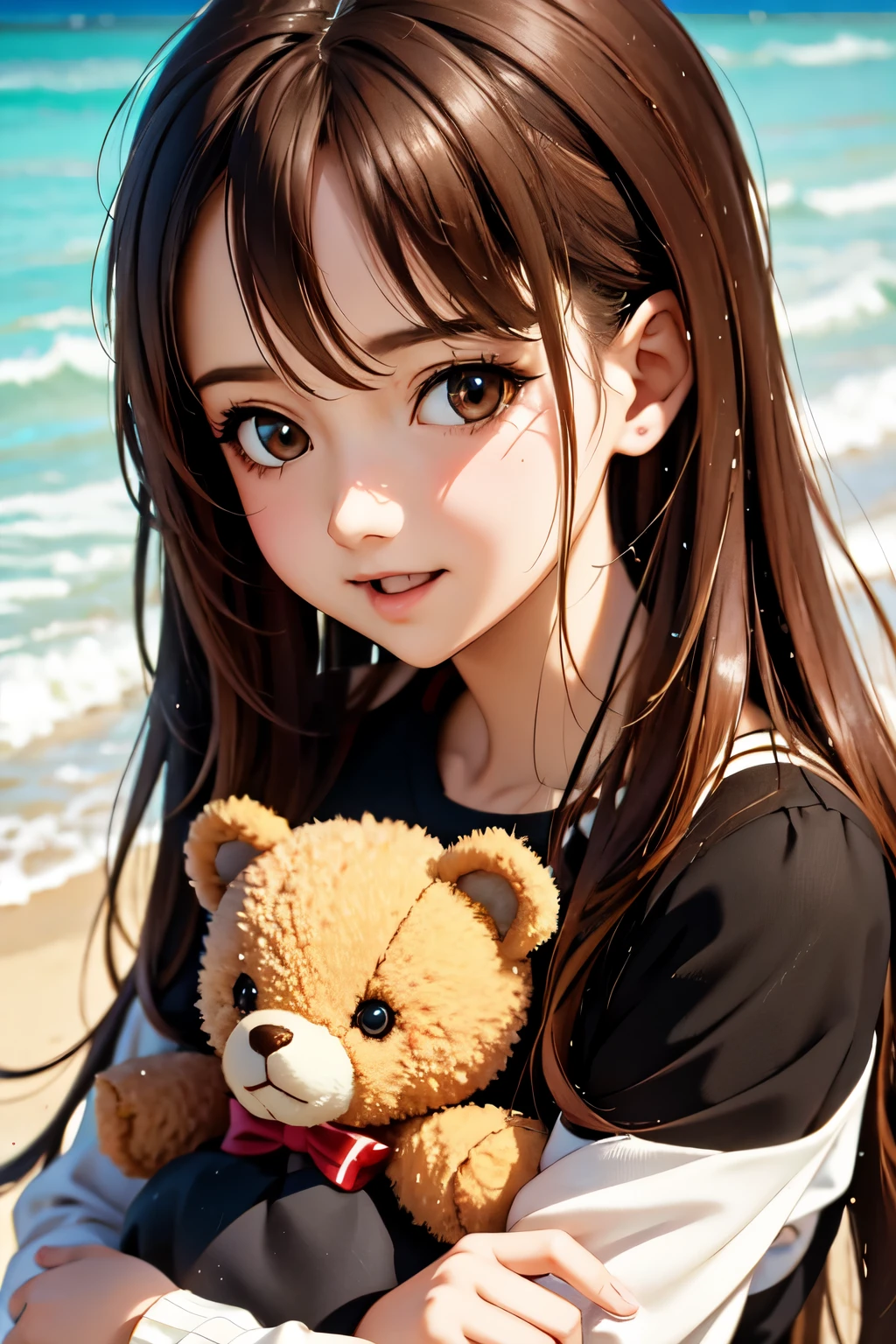 da ist eine Frau die einen Teddybären am Strand hält, Kawaii realistisches Porträt, süßes Anime-Mädchen, Anime-Bild eines süßen Mädchens, Sanfte Anime-CG-Kunst, artwork in the style of guweiz, portrait of süßes Anime-Mädchen, Süßes Porträt, schönes Anime-Porträt, schönes Anime-Mädchen, süßes Anime-Mädchen portrait, realistischer Anime-3D-Stil