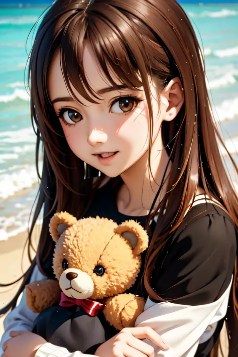 there is a woman holding a teddy bear on the beach, kawaii realistic portrait, cute anime girl, anime visual of a cute girl, smo...