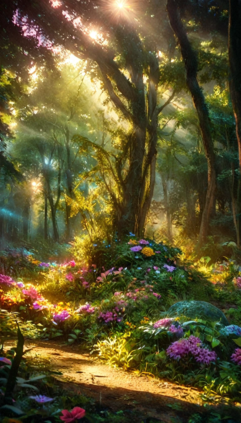 a beautiful forest at dawn, idyllic, magical, majestic, epic lighting, 8K, 1girl, detailed face, detailed eyes, detailed lips, long eyelashes, beautiful dress, serene expression, lush foliage, colorful flowers, sunbeams, photorealistic, cinematic, warm colors, dramatic lighting, intricate details