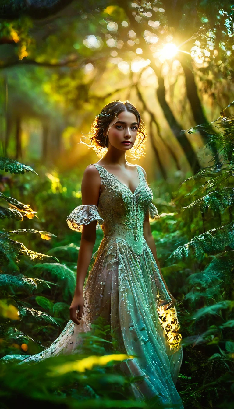 a beautiful forest at dawn, idyllic, magical, majestic, epic lighting, 8K, 1girl, detailed face, detailed eyes, detailed lips, long eyelashes, beautiful dress, serene expression, lush foliage, colorful flowers, sunbeams, photorealistic, cinematic, warm colors, dramatic lighting, intricate details