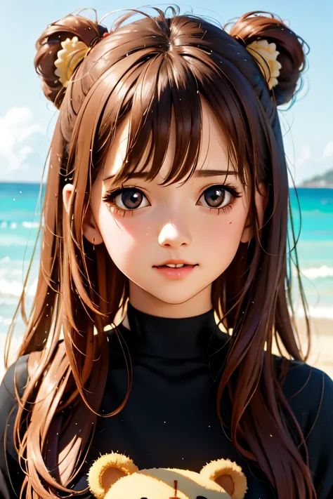 there is a woman holding a teddy bear on the beach, kawaii realistic portrait, cute anime girl, anime visual of a cute girl, smo...