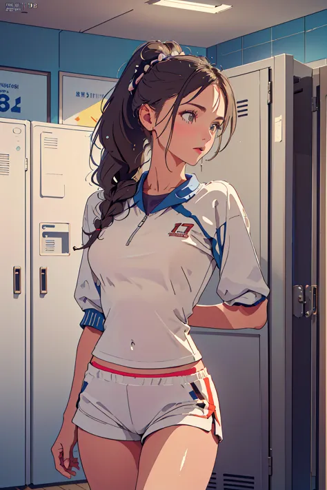 locker room,track suit,(Thin type:1.5),(large breasts),(random hairstyle),(Highest image quality,(8K), Ultra-realistic, Best Qua...