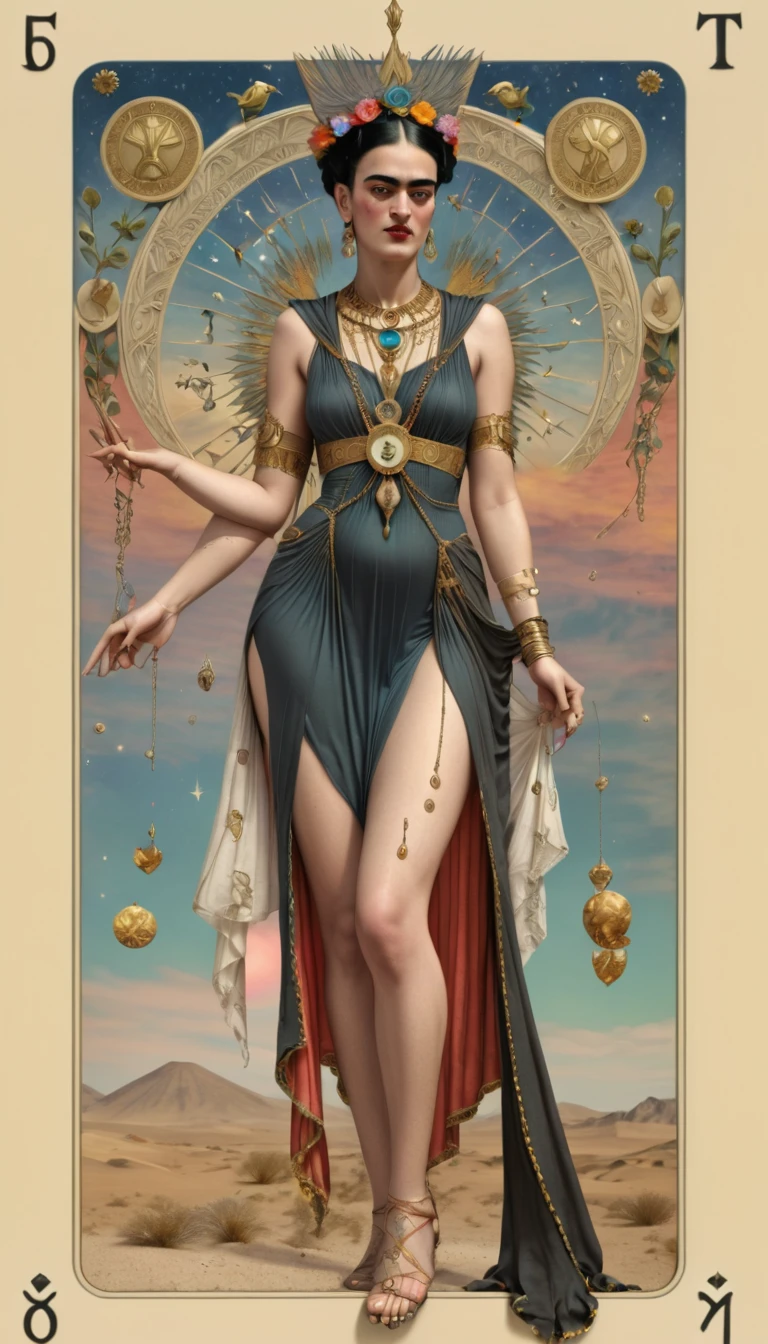 Frida Kahlo as a Tarot Card: score_9, score_8_up, score_7_up, score_6_up, score_5_up, [ ACOCleopatra],[Black Hair],Cleopatra from Assassin's Creed Origins,[Jewelry],[ancient Egypt],4k,sharp image,detailed, sexy, extremely detailed artgerm, (masterpiece, best quality:1.2), (insanely detailed, beautiful detailed, masterpiece, best quality), (insanely detailed, masterpiece, best quality) of tarot cards, a touch of Frida's signature artistic flair. (best quality, highres, vivid colors, photorealistic, artistic interpretation, detailed portrait), surreal tarot card, Frida Kahlo as a goddess in the tarot deck.