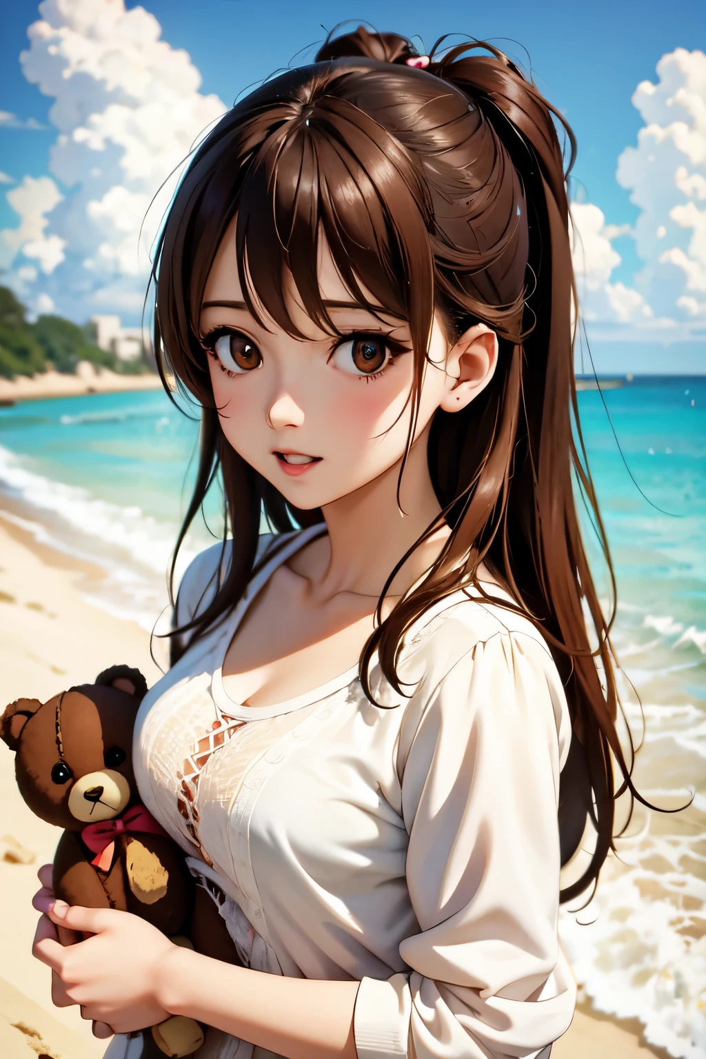 there is a woman holding a teddy bear on the beach, kawaii realistic portrait, cute anime girl, anime visual of a cute girl, smooth anime cg art, artwork in the style of guweiz, portrait of cute anime girl, cute portrait, beautiful anime portrait, beautiful anime girl, cute anime girl portrait, realistic anime 3 d style