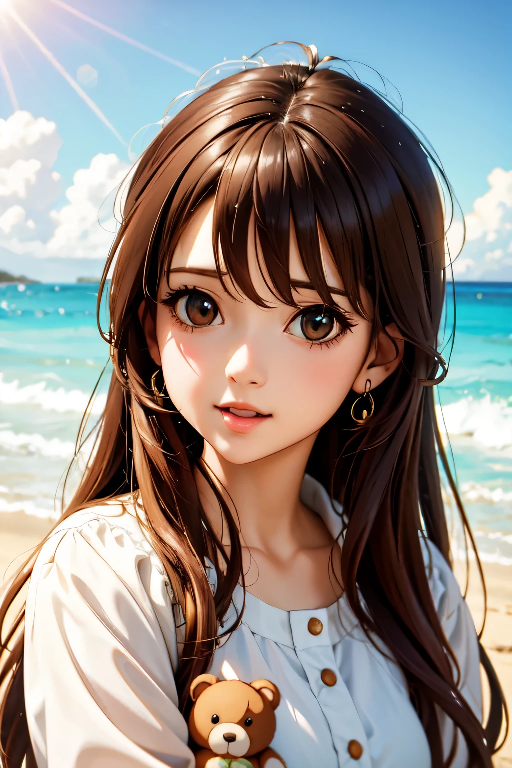 there is a woman holding a teddy bear on the beach, kawaii realistic portrait, cute anime girl, anime visual of a cute girl, smooth anime cg art, artwork in the style of guweiz, portrait of cute anime girl, cute portrait, beautiful anime portrait, beautiful anime girl, cute anime girl portrait, realistic anime 3 d style