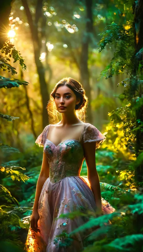 a beautiful forest at dawn, idyllic, magical, majestic, epic lighting, 8K, 1girl, detailed face, detailed eyes, detailed lips, l...