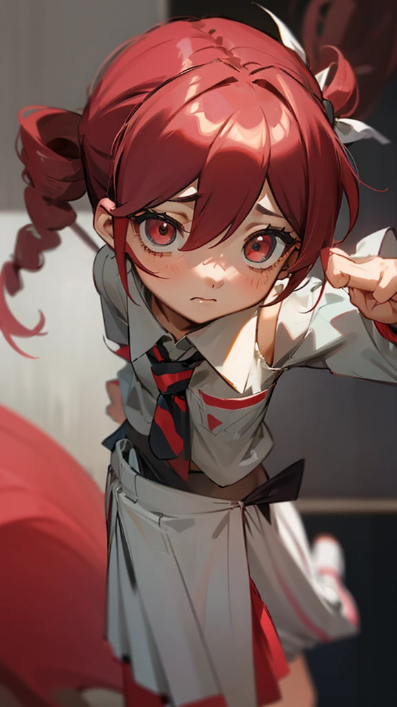 One girl, (Sagging under the eyes:1.5), Red Hair, twin_Braiding, Grey Beret, White shirt, Floral tie