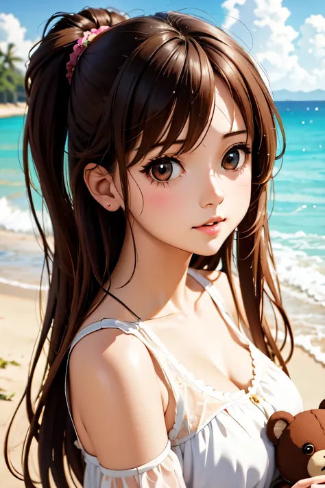 there is a woman holding a teddy bear on the beach, kawaii realistic portrait, cute anime girl, anime visual of a cute girl, smo...