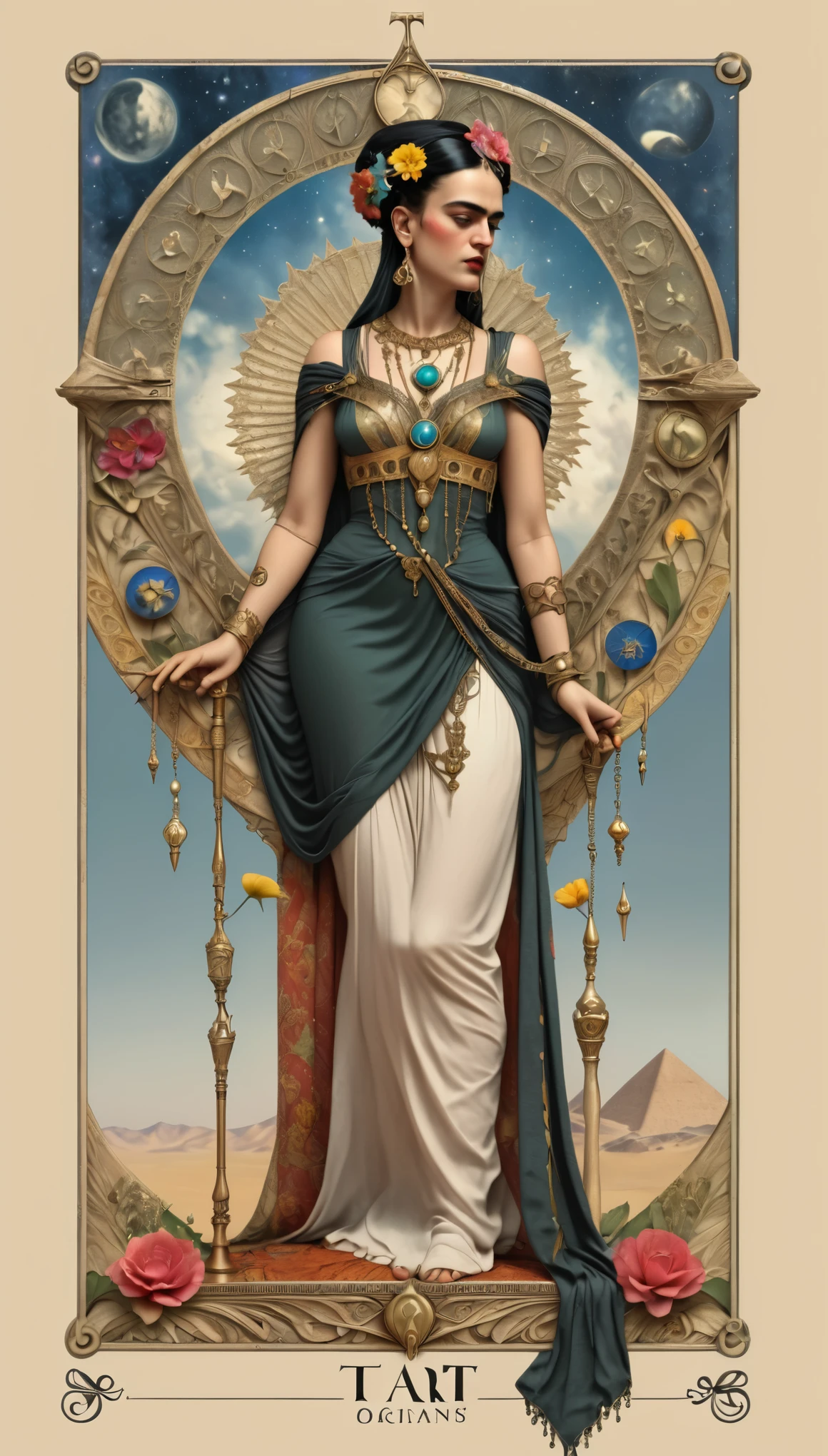 Frida Kahlo as a Tarot Card: score_9, score_8_up, score_7_up, score_6_up, score_5_up, [ ACOCleopatra],[Black Hair],Cleopatra from Assassin's Creed Origins,[Jewelry],[ancient Egypt],4k,sharp image,detailed, sexy, extremely detailed artgerm, (masterpiece, best quality:1.2), (insanely detailed, beautiful detailed, masterpiece, best quality), (insanely detailed, masterpiece, best quality) of tarot cards, a touch of Frida's signature artistic flair. (best quality, highres, vivid colors, photorealistic, artistic interpretation, detailed portrait), surreal tarot card, Frida Kahlo as a goddess in the tarot deck.