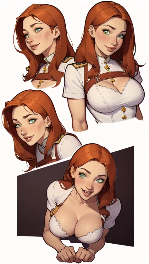 (cartoon style:1.2), Drawings of (Ginevra Molly Weasley), ssmile, perfect green eyes, face detailed, White background, fun pose,...