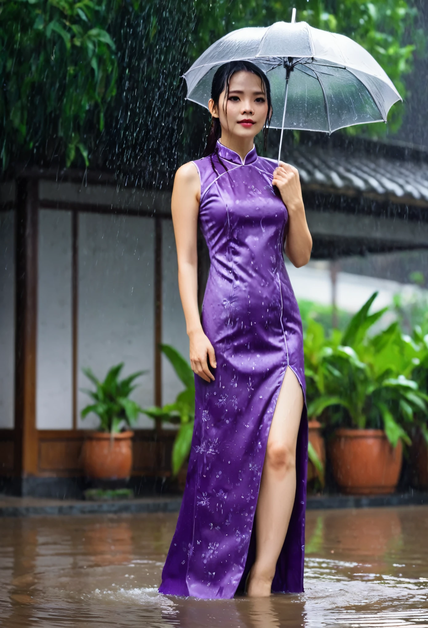 ( wet purple cheongsam),damp purple cheongsam, soaking in rain, soaking in water, damp, rainy,long hair, fullbody, full body, (masterpiece, best quality:1.2),8K, detailed