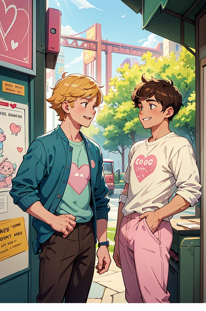 A heartwarming poster for the TV show Heartstopper, featuring the main characters , 2 young mens , Nick and Charlie, in a central position, sharing a moment of laughter and connection. The background uses a soft, pastel color palette with elements like school lockers, doodles, and heart motifs. The setting includes key locations from the show subtly in the background, such as the school, park, and arcade. The art style is hand-drawn or watercolor, giving a whimsical and inviting feel. The poster also includes small details like musical notes, text messages, and rainbows to add depth and warmth. 