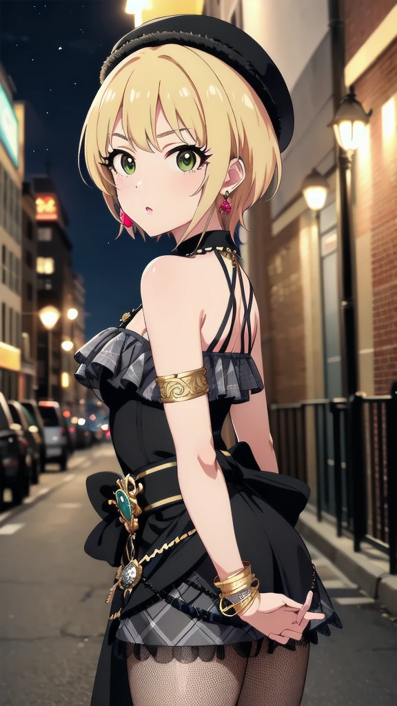 masterpiece, Highest quality, High resolution, Humphrey, Blonde, Braiding, beret, Black Hat, Earrings, Bracelet, Plaid, Bare shoulders, Black Bow, Black Dress, Wrist cuff, bracelet, belt, Fishnet tights, Idolmaster Cinderella Girls, night, city, street, Are standing, Cowboy Shot, Arms at your sides, Straight,