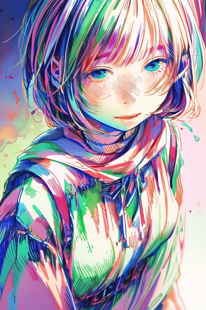 (傑作, 最高品質), 1人の女の子,   水彩, 線画, ラフスケッチ, RGB, 色収差