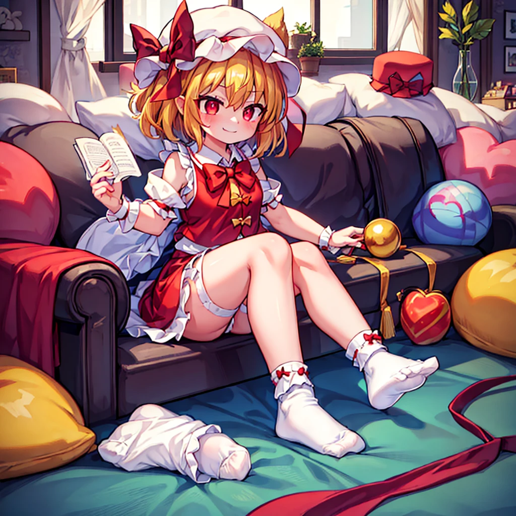 1 名女孩,佛兰德斯_猩紅_touhou,盧比歐_頭髮, 唉, 紅色的_眼睛, 玻璃, 點擊數, 有, 一_邊_多於, 愛, 疼痛_帽子, 弓, 臉紅, 微笑, 背心, 白色的_帽子, 紅色的_背心, 棉被, 頭髮_之間_眼睛, 紅色的_弓, 紅色的_愛, 多於per_身體, 有_愛, 黃色的_棉被, 短的_頭髮,(白色的 socks:1.4),(腳部焦點:1.3),(不穿鞋:1.3),(a close 多於 of a person in socks sitting:1.2)