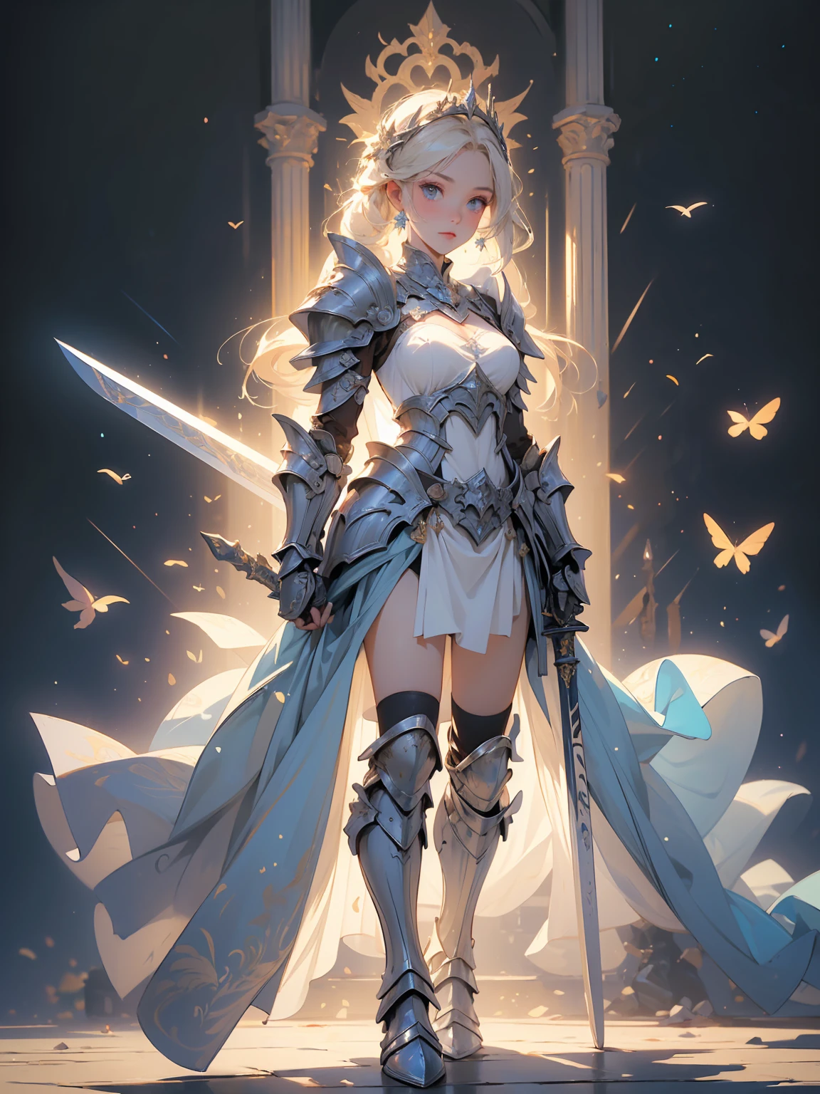 (((masterpiece, best quality, high detailed, 8k))) Design a layout showcase Gaming character, (1girl). valkyrie White|Blue|Gold armor, elegant and majestic. ((showcase weapon:1.4)), celestial sword. (masterpiece:1.2), (best quality), 4k, ultra-detailed. (Step by step design, layout art:1.5), (luminous lighting, atmospheric lighting). divine warrior, ((glove full hands)), (((regal armor:1.3))), shoulder pauldrons, armored boots, (((full_body_shot:1.4))). {In a radiant celestial realm}.