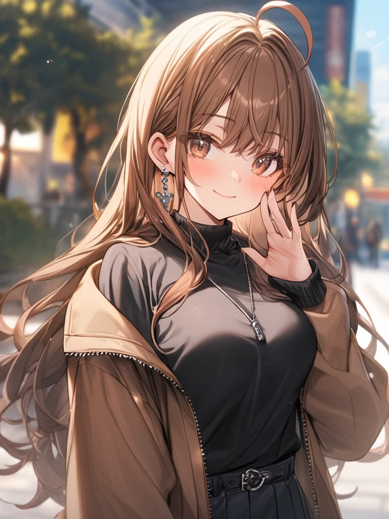 ((masterpiece, best quality)), very aesthetic, absurdres, One girl, Ahoge, bangs, black skirt, black sweater, Blurred, Blurred background, chest, Brown eyes, Brown Hair, brown Jacket, Mouth closed, Day, Depth of written boundary, Earrings, eyelash, Raise your hand, Tilt your head, Jacket, jewelry, Long Hair, Long sleeve, View Viewer, medium chest, Manicure, Open clothes, open Jacket, Outdoor, Pursed lips, Tucked in shirt, Side Lock, skirt, Sleeves are longer than the wrist, alone, sweater, Upper Body, zipper, smile,