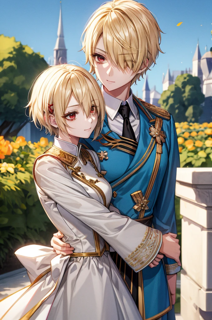 ((masterpiece:1.2、Highest quality))、1 female、((Blonde Short Hair))、Red eyes、Long eyelashes、White suit、Fantasy、uniform、Royalty、garden、Blooming Flowers、sunlight、Fantastic Light and Shadow、Scenery of the Royal Palace、Highly detailed face、Invincible Smile、Dynamic depiction、Tホテルのmasterpiece，Highest quality，As-、Short, straight, dark yellow hair，shirt, half-naked,Dressed in strict royal attire, White and gold royal outfit, Beautiful anime poses, A beautiful feminine face、Medium Breast、Center Section、amount、Sexy、expensive、Handsome、Beautiful shape、Best Style、Cool look、Model pose、(Barrette)、(((Hair on one eye)))、(((One eye is hidden by hair)))、(((Blonde Short Hairー))),(Red eyes)、Mao Sen Moon Song、