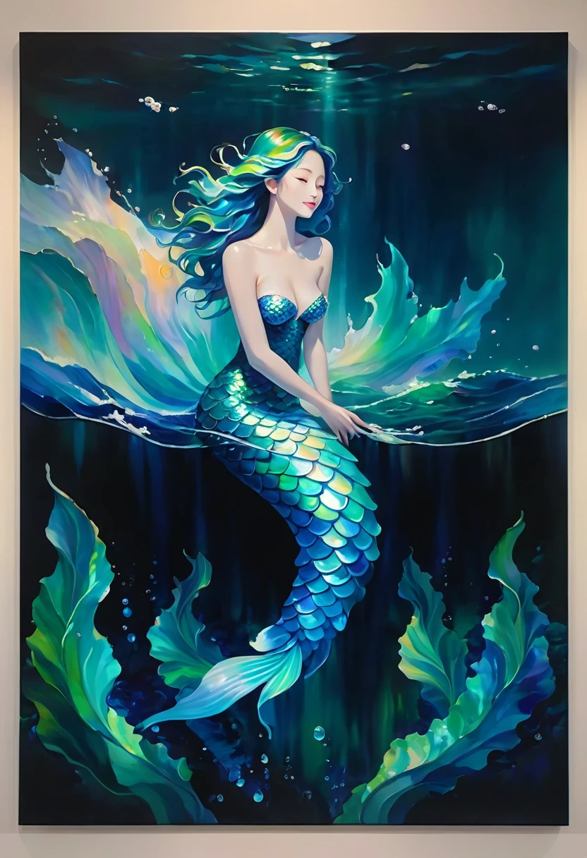 Create an awe-inspiring oil painting that captures the enchanting beauty of a Japanese mermaid gracefully gliding through the depths of the ocean. Using bold and expressive brushstrokes, convey the fluidity and movement of the water as it swirls around the mermaid's ethereal form.

Imagine a scene where the mermaid emerges from the depths, her long, flowing hair cascading like seaweed around her luminous figure. Her eyes shimmer with wisdom and mystery as she gazes into the distance, beckoning viewers into the enchanting world beneath the waves.

With masterful strokes of the brush, depict the intricate details of the mermaid's scales, shimmering with iridescent hues of blue and green. Let the play of light and shadow dance across the canvas, evoking the ever-changing currents of the ocean depths.

In the background, paint a panorama of coral reefs, swaying sea plants, and exotic marine life, creating a vibrant tapestry of color and movement that surrounds the mermaid in her watery domain.

As viewers gaze upon the painting, they are transported into a world of magic and wonder, where the boundary between reality and myth fades away. "Song of the Deep" is not merely a painting—it is a mesmerizing symphony of color, texture, and emotion that celebrates the timeless allure of the sea and the mysterious beauty of the Japanese mermaid.