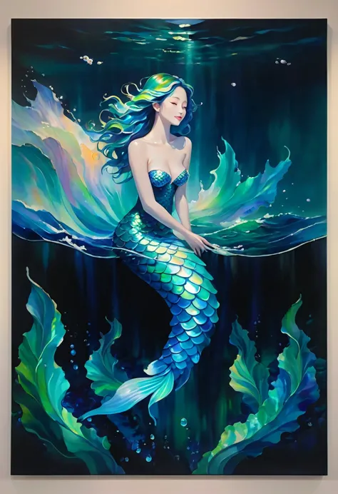 create an awe-inspiring oil painting that captures the enchanting beauty of a japanese mermaid gracefully gliding through the de...