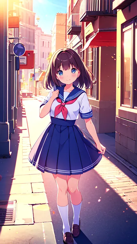 (masterpiece), best quality, city, sunlight, light particles, light rays, 1 girl, blush, smile, wide, sailor uniform full body  ...