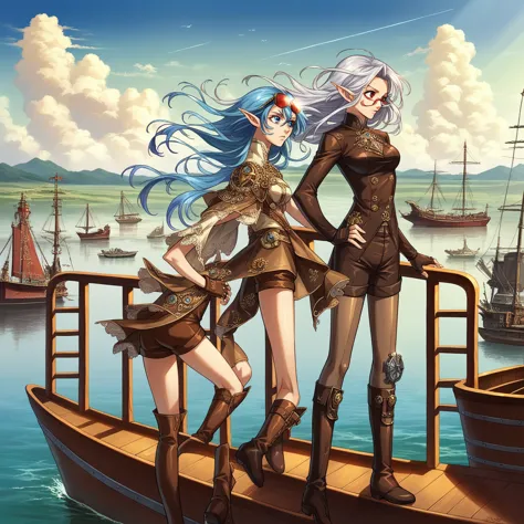 masterpiece, high quality, illustration, extremely detailed, cg 8k unit, dirigible, wind effects, 1_women, whole body, standing ...